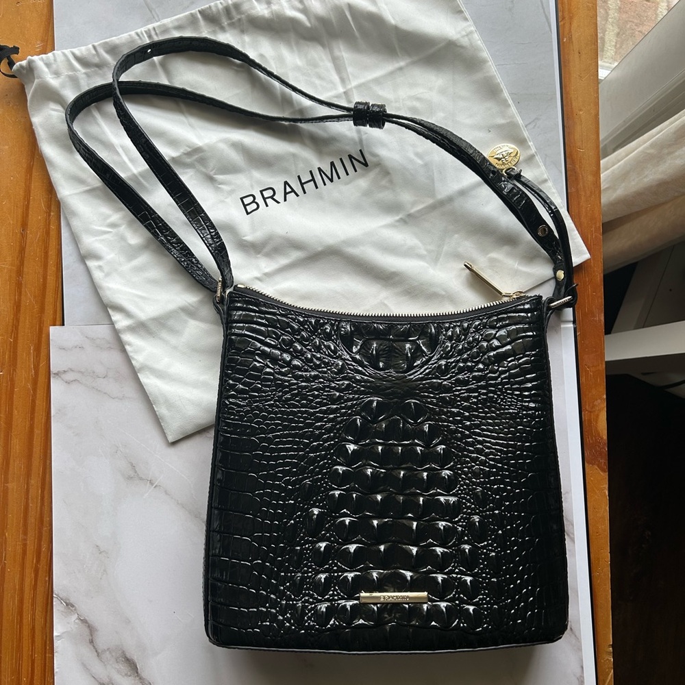 Brahmin “Katie” Crossbody in Black Melbourne High Gloss Croc